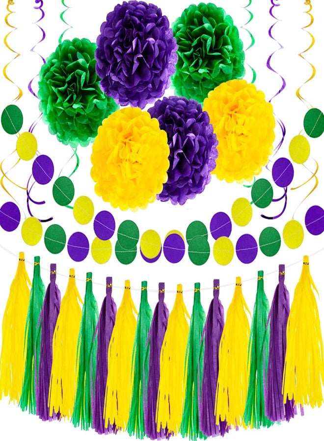 Lansian 32PCS Yellow Green Purple Pom Pom Flowers Party Decorations Hanging Tissue Paper Pom Poms Flowers Hanging Swirls Garland Tassel Mardi Gras Party Supplies - Image 1