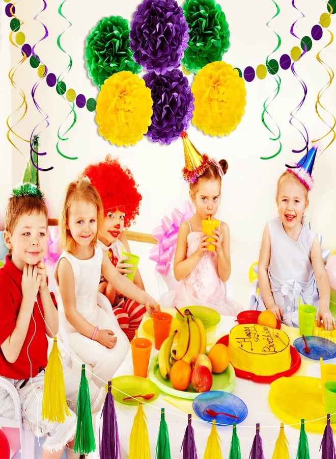 Lansian 32PCS Yellow Green Purple Pom Pom Flowers Party Decorations Hanging Tissue Paper Pom Poms Flowers Hanging Swirls Garland Tassel Mardi Gras Party Supplies - Image 2