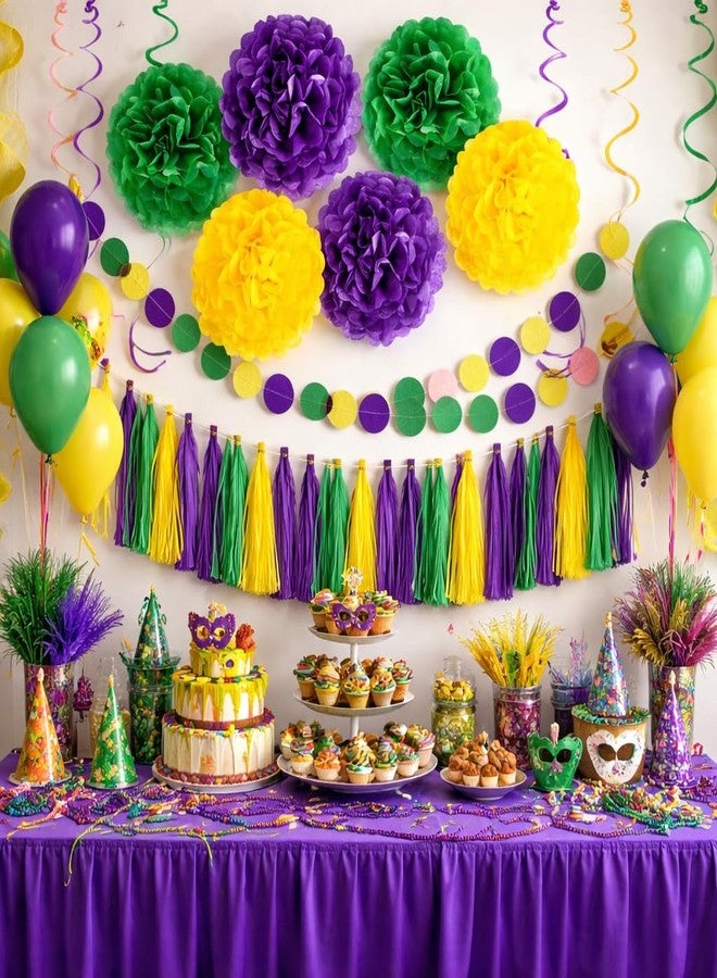 Lansian 32PCS Yellow Green Purple Pom Pom Flowers Party Decorations Hanging Tissue Paper Pom Poms Flowers Hanging Swirls Garland Tassel Mardi Gras Party Supplies - Image 5