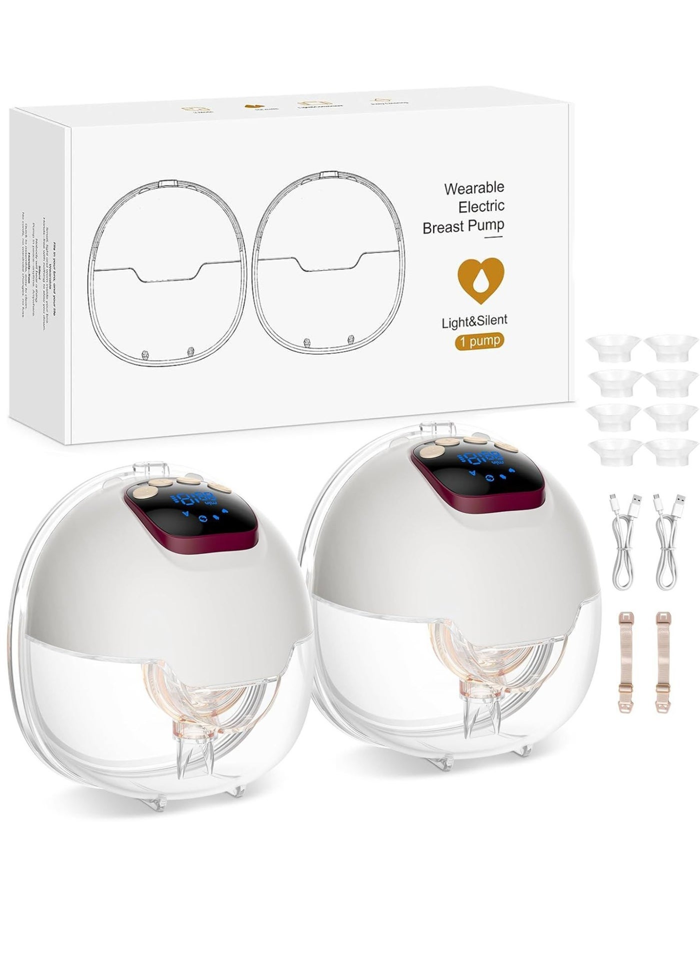 Gonice Hands Free Electric Breast Pump 4 Modes and 15 Levels Electric Breast Pumps with LED Display 180ml Breast Pump with Flanges 18/20/22/24mm (2 Pieces)