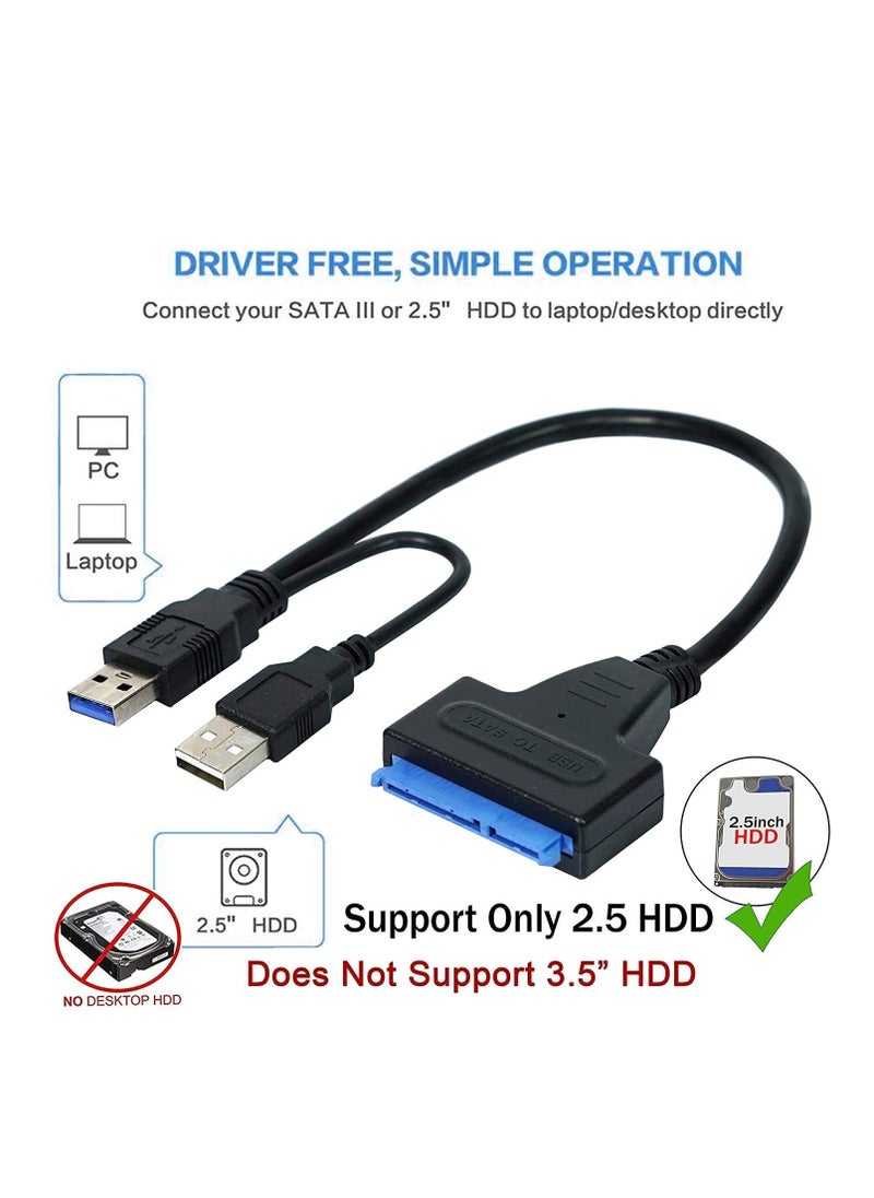 USB to SATA Adapter, USB 3.0 to SATA III Hard Drive Adapter Cable, SATA to USB 3.0 Adapter Cable for 2.5/3.5 inch SSD & HDD Dual USB with 12V/2A DC Port Black