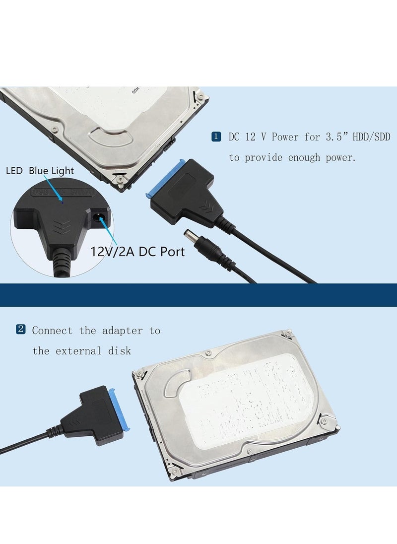 USB to SATA Adapter, USB 3.0 to SATA III Hard Drive Adapter Cable, SATA to USB 3.0 Adapter Cable for 2.5/3.5 inch SSD & HDD Dual USB with 12V/2A DC Port Black