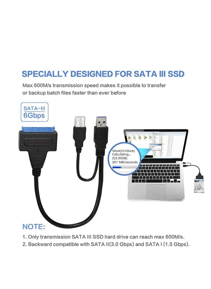 USB to SATA Adapter, USB 3.0 to SATA III Hard Drive Adapter Cable, SATA to USB 3.0 Adapter Cable for 2.5/3.5 inch SSD & HDD Dual USB with 12V/2A DC Port Black