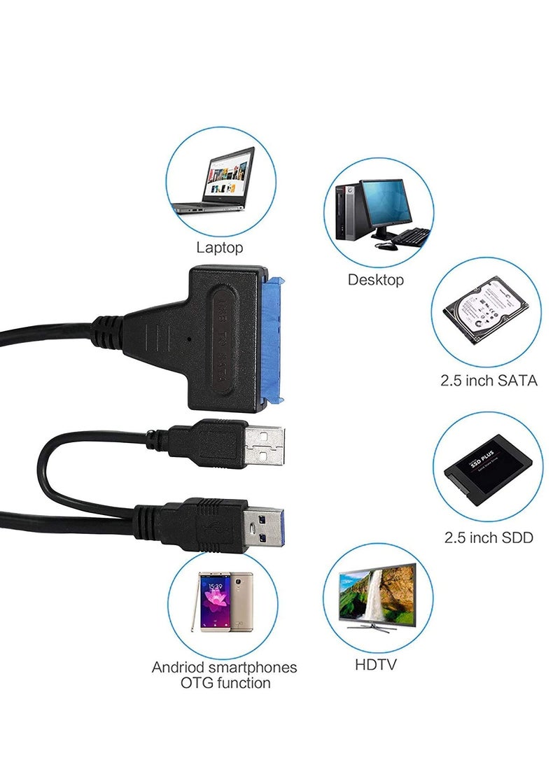 USB to SATA Adapter, USB 3.0 to SATA III Hard Drive Adapter Cable, SATA to USB 3.0 Adapter Cable for 2.5/3.5 inch SSD & HDD Dual USB with 12V/2A DC Port Black