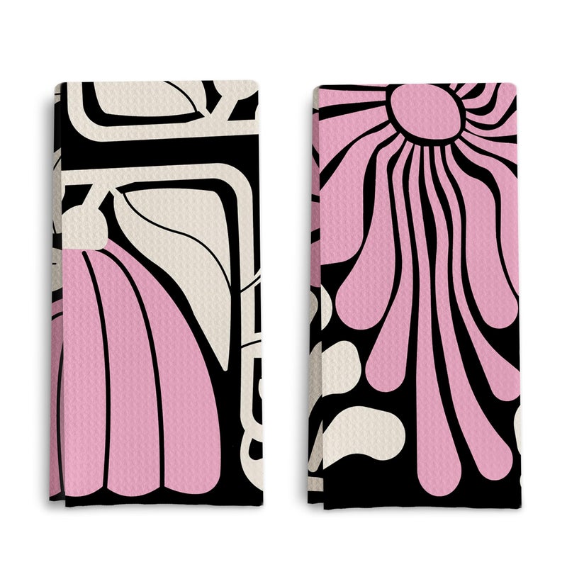 Qpenm Abstract Boho Pink and Beige Floral Kitchen Towels Set of 2, Retro 70s Groovy Floral Hand Towels for Bathroom Decor, Modern Minimalist Botanical Dish Tea Towels for Kitchen Decor, 16x24 Inch - Image 1