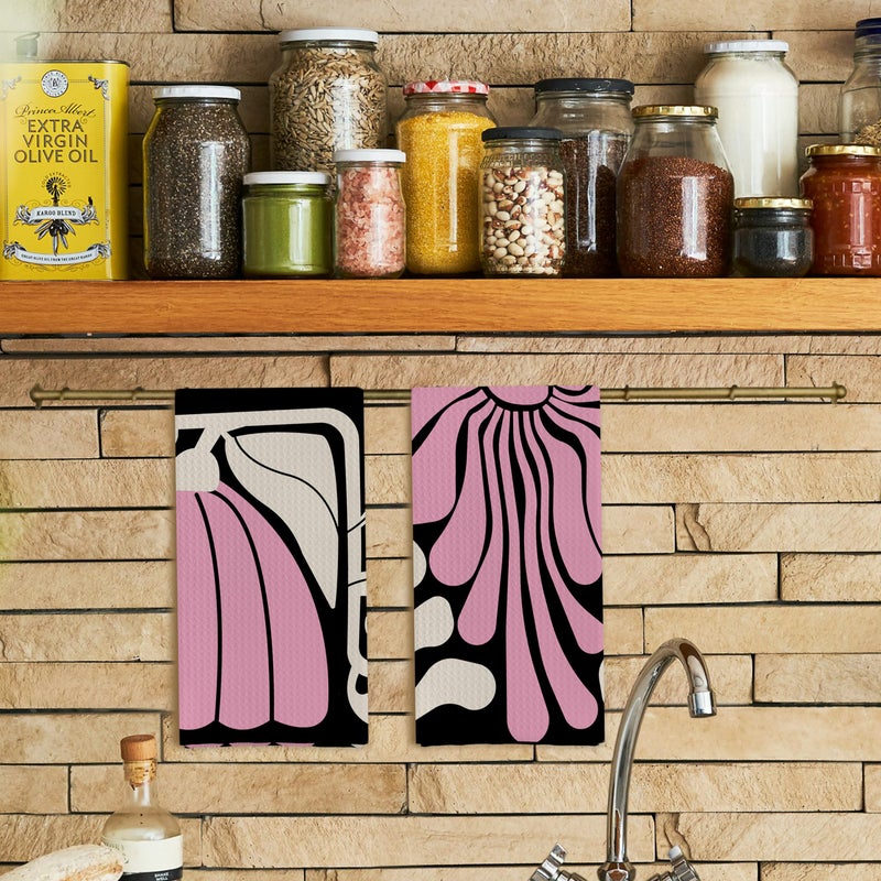 Qpenm Abstract Boho Pink and Beige Floral Kitchen Towels Set of 2, Retro 70s Groovy Floral Hand Towels for Bathroom Decor, Modern Minimalist Botanical Dish Tea Towels for Kitchen Decor, 16x24 Inch - Image 2