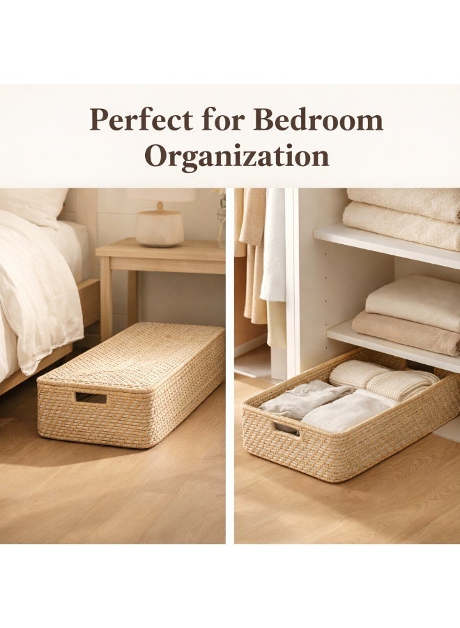 Homesmiths Rattan Under Bed Storage Basket with Lid – L 81 x B 43 x H 17 cm, Slim Flat Organizer for Clothes, Shoes, Linens & Household Items, Space-Saving Bedroom Storage - Image 3