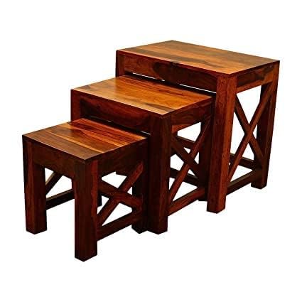 NISHANT HANDICRAFT NISHANT HANDICRAFT Wooden Nesting Table Nesting Stools Set of 3 Peg Table Solid Wood Sheesham Dark Honey  - Image 1