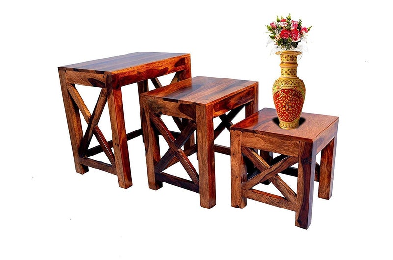 NISHANT HANDICRAFT NISHANT HANDICRAFT Wooden Nesting Table Nesting Stools Set of 3 Peg Table Solid Wood Sheesham Dark Honey  - Image 3