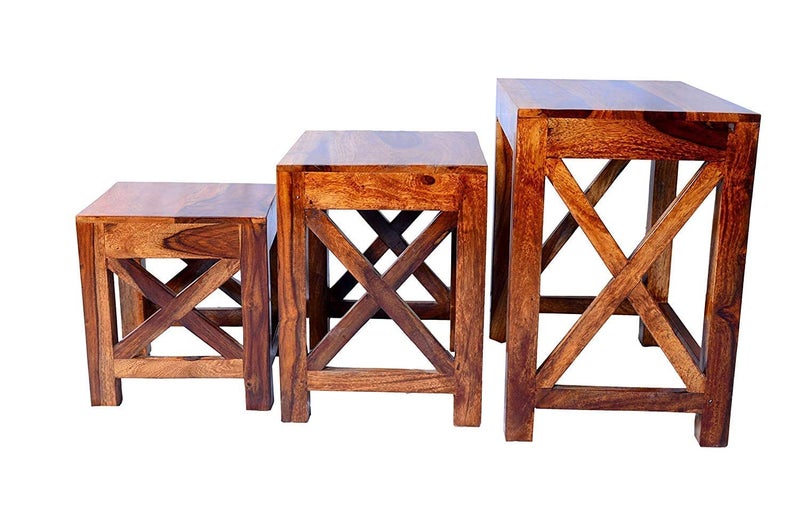 NISHANT HANDICRAFT NISHANT HANDICRAFT Wooden Nesting Table Nesting Stools Set of 3 Peg Table Solid Wood Sheesham Dark Honey  - Image 4