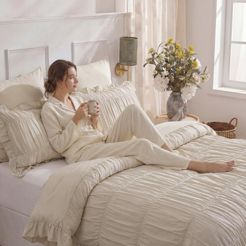 Herside Beige Ruffle Duvet Cover Set Queen Size,Ruched Boho Bedding 3 Pieces Shabby Chic Luxury Wrinkle Ruffle Comforter Cover Set,Breathable and Soft Microfiber Quilt Cover Set for All Seasons - Image 3