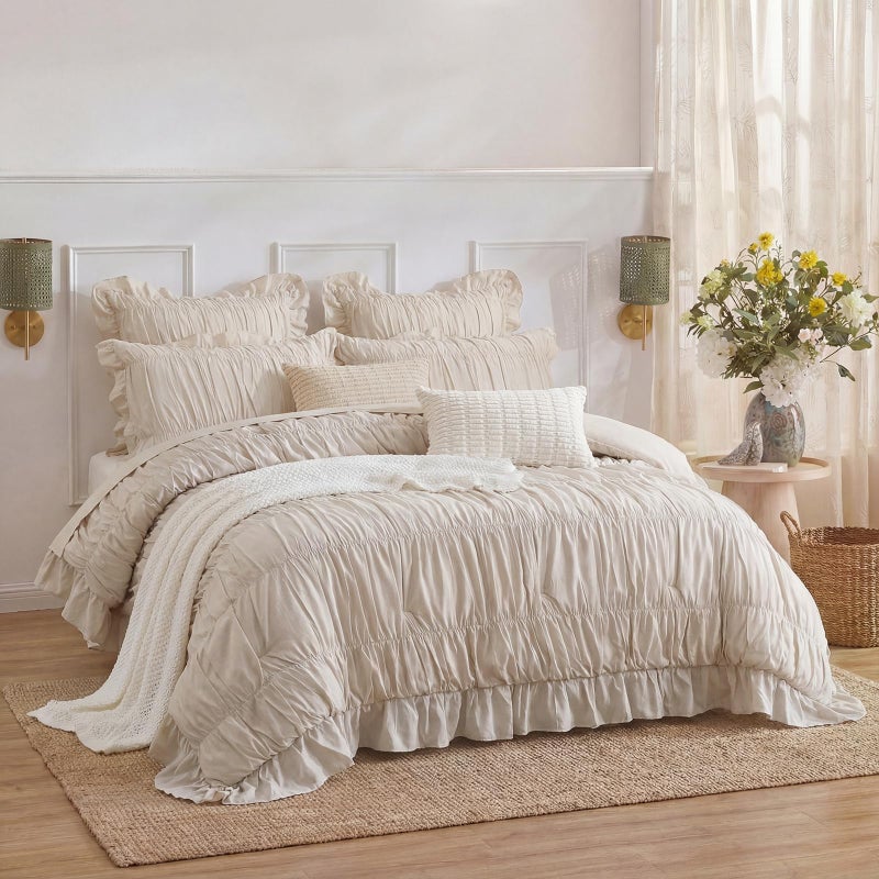 Herside Beige Ruffle Duvet Cover Set Queen Size,Ruched Boho Bedding 3 Pieces Shabby Chic Luxury Wrinkle Ruffle Comforter Cover Set,Breathable and Soft Microfiber Quilt Cover Set for All Seasons - Image 2