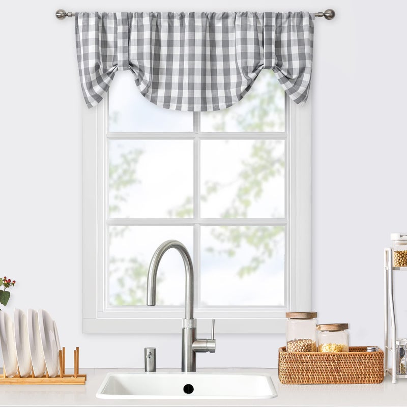ZJDECOR ZJDECOR Grey and White Buffalo Plaid Tie Up Valance Curtain Buffalo Check Farmhouse Retro Adjustable Gingham Tie Up Kitchen Window Treatment Valances for Cafe Bathroom Windows 56 x 18 Silver Gray 