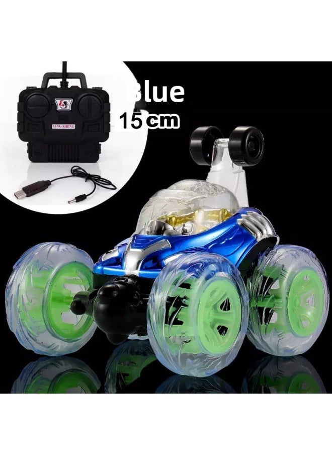 Generic Rolling Stunt Car Dump Truck Remote Control Car Off-Road Remote Control Car Model Charging Electric Racing Car Kidsren's Toy Car Boy-Color:15cm Blue [direct Charging Cable]/six Pieces Of Music-Proportion:Stunt Car Usb Charging [a Set Of Body Batteries]  - Image 1