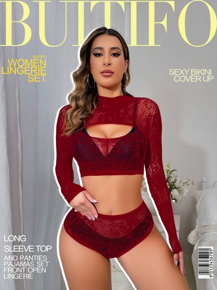 Buitifo Womens Lingerie Set Fishnet Babydoll Bodysuit Sexy Nightwearï¼ˆDarkRed,M - Image 2