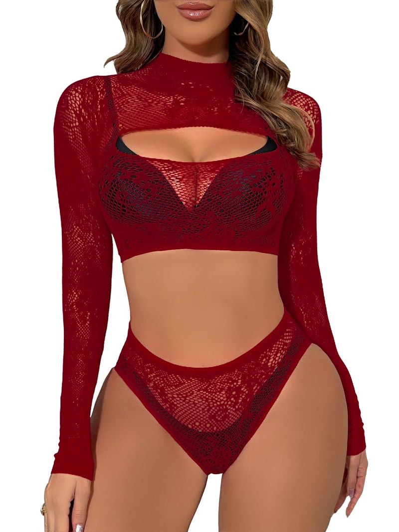 Buitifo Womens Lingerie Set Fishnet Babydoll Bodysuit Sexy Nightwearï¼ˆDarkRed,M - Image 1