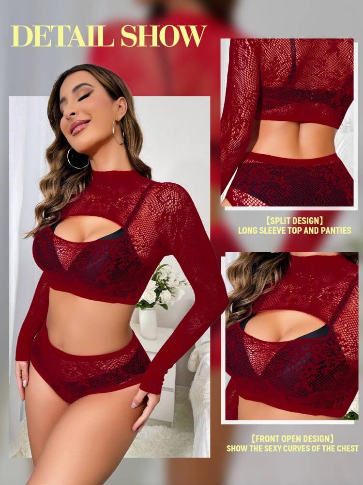 Buitifo Womens Lingerie Set Fishnet Babydoll Bodysuit Sexy Nightwearï¼ˆDarkRed,M - Image 3