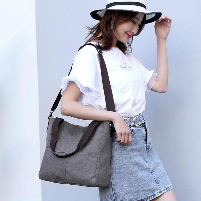 Sunshinejing Women's Canvas Shoulder Bags Tote Purses Satchel Work Shopping Crossbody Bag (Grey) - Image 2