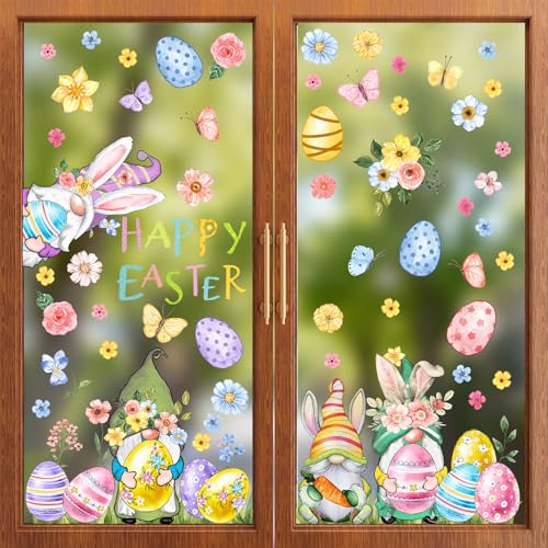 ZAEW ZAWE 9 Sheets Happy Easter Gnomes Bunny Ears Eggs Flowers Easter Window Clings Double-Sided Reusable Static Window Decals Stickers for Party Home Classroom Office Decorations - Image 4