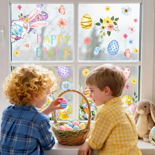 ZAEW ZAWE 9 Sheets Happy Easter Gnomes Bunny Ears Eggs Flowers Easter Window Clings Double-Sided Reusable Static Window Decals Stickers for Party Home Classroom Office Decorations - Image 3