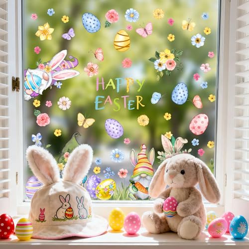 ZAEW ZAWE 9 Sheets Happy Easter Gnomes Bunny Ears Eggs Flowers Easter Window Clings Double-Sided Reusable Static Window Decals Stickers for Party Home Classroom Office Decorations - Image 2