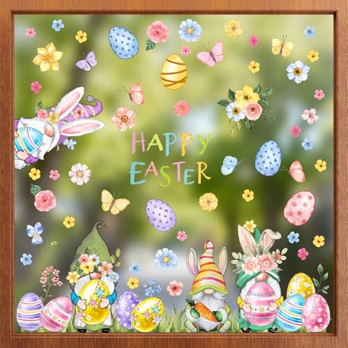 ZAEW ZAWE 9 Sheets Happy Easter Gnomes Bunny Ears Eggs Flowers Easter Window Clings Double-Sided Reusable Static Window Decals Stickers for Party Home Classroom Office Decorations - Image 1