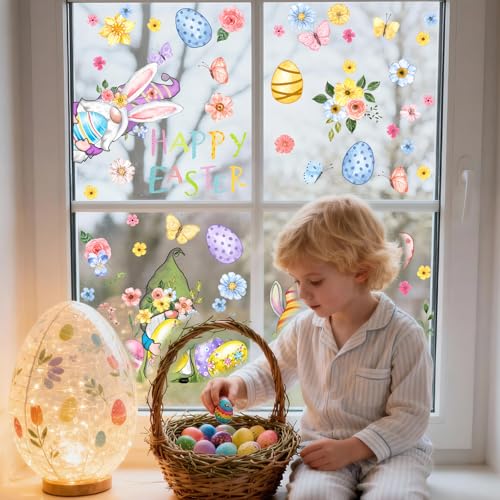 ZAEW ZAWE 9 Sheets Happy Easter Gnomes Bunny Ears Eggs Flowers Easter Window Clings Double-Sided Reusable Static Window Decals Stickers for Party Home Classroom Office Decorations - Image 5