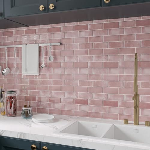 CHIHUT 12''x12'' Vinyl Backsplash Tile for Kitchen Peel and Stick Adhesive Wall Tiles Stick on Backsplash Tiles for Bathroom Waterproof 3D Pink Subway Tiles for Laundry Room Stairs Sink 6 Sheets - Image 4