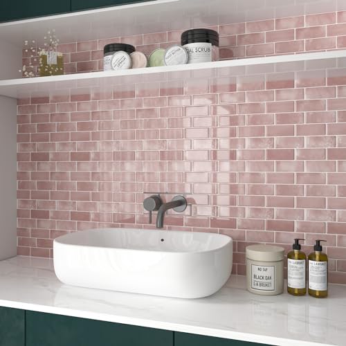 CHIHUT 12''x12'' Vinyl Backsplash Tile for Kitchen Peel and Stick Adhesive Wall Tiles Stick on Backsplash Tiles for Bathroom Waterproof 3D Pink Subway Tiles for Laundry Room Stairs Sink 6 Sheets - Image 3