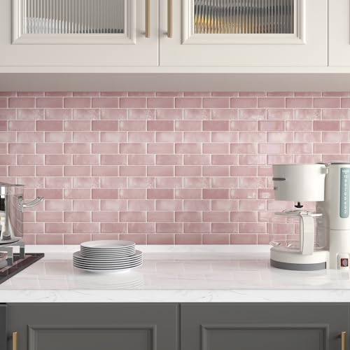 CHIHUT 12''x12'' Vinyl Backsplash Tile for Kitchen Peel and Stick Adhesive Wall Tiles Stick on Backsplash Tiles for Bathroom Waterproof 3D Pink Subway Tiles for Laundry Room Stairs Sink 6 Sheets - Image 2