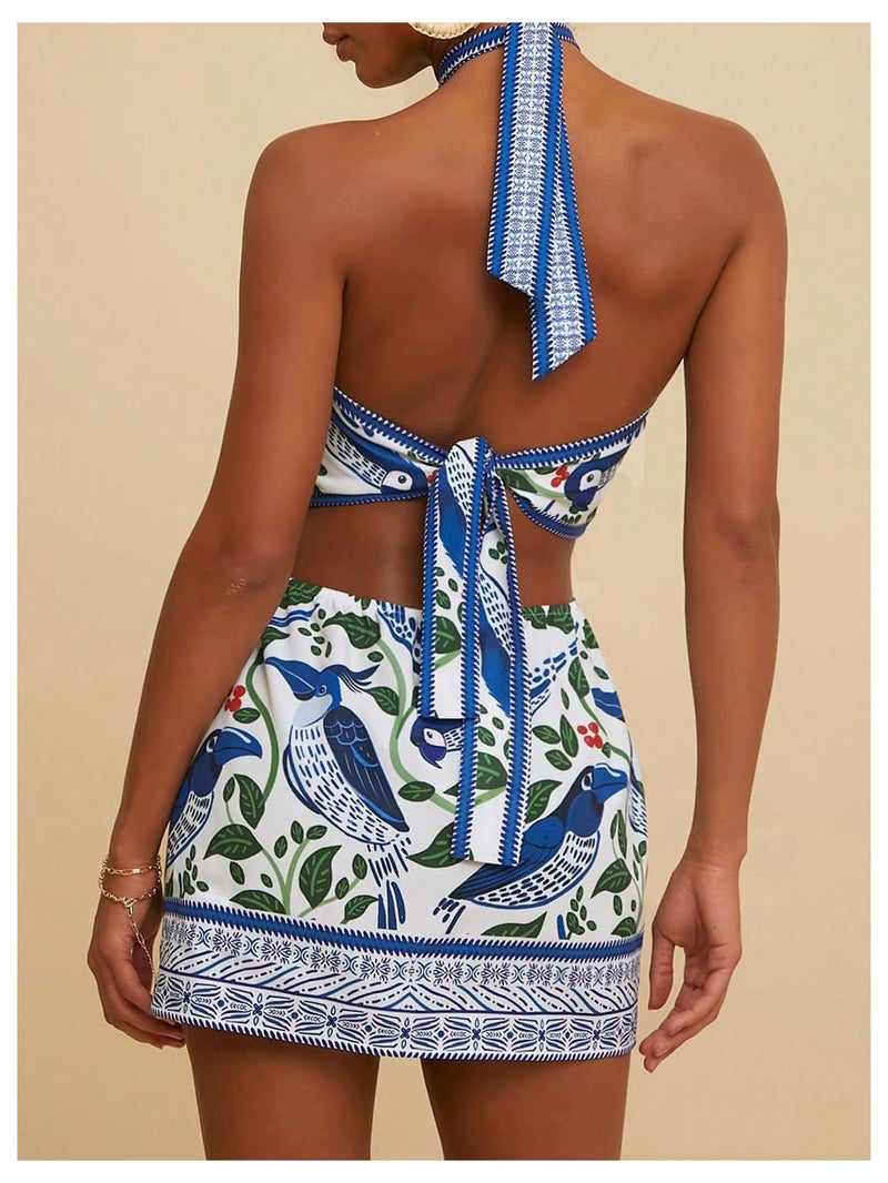 MakeMeChic Women's Boho Mini Dress Summer Beach Vacation Halter Dresses Floral Sundress Blue and White X-Small - Image 4