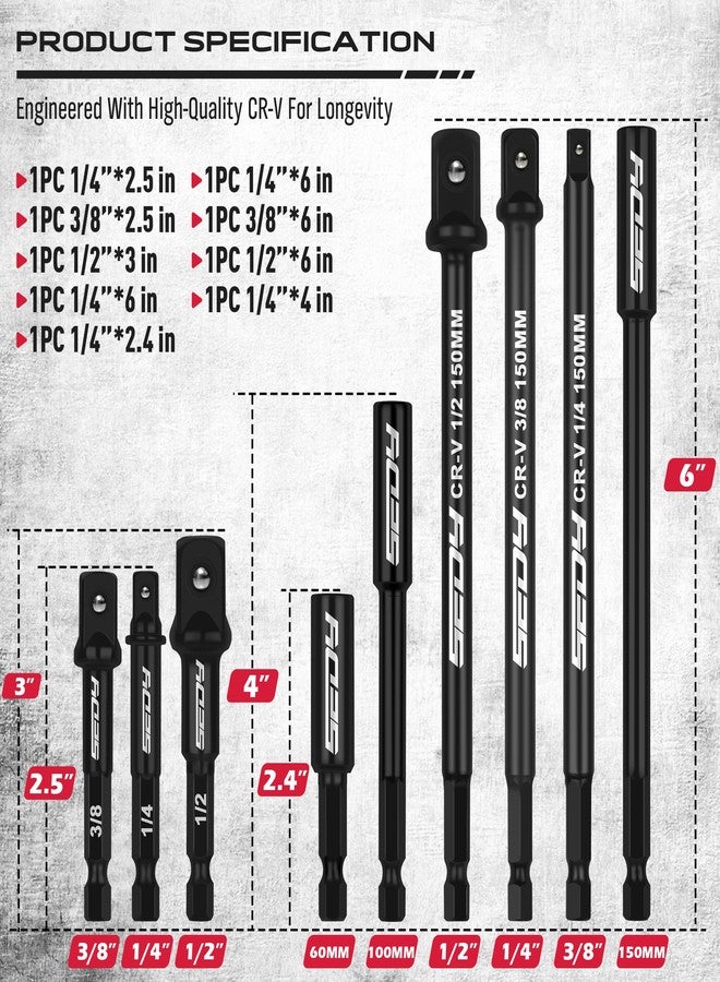 SEDY 9-Piece Impact Socket Adapter Set, 1/4" 3/8" 1/2" Driver Socket Adapter, Power Drill Bit Extension, Square to Hex Drill Bit Holder, Socket Wrench Adapter - Image 2