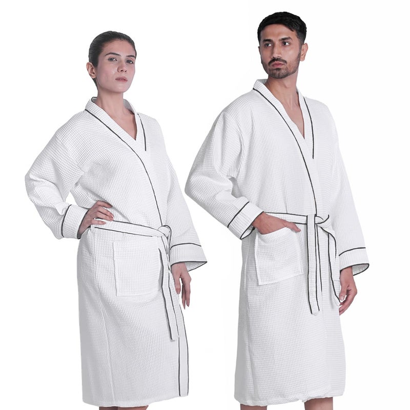 Looperry Unisex White Waffle Bathrobe with Black Satin Piping 1 Piece Luxurious Lightweight Shower Robe in Organic Cotton Poly Blend Long Lasting Soft Perfect for Spa Home Hotels SM