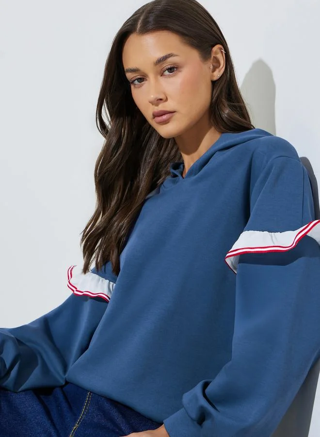 Styli Blue Solid Ruffled Sleeves Hooded Sweatshirt