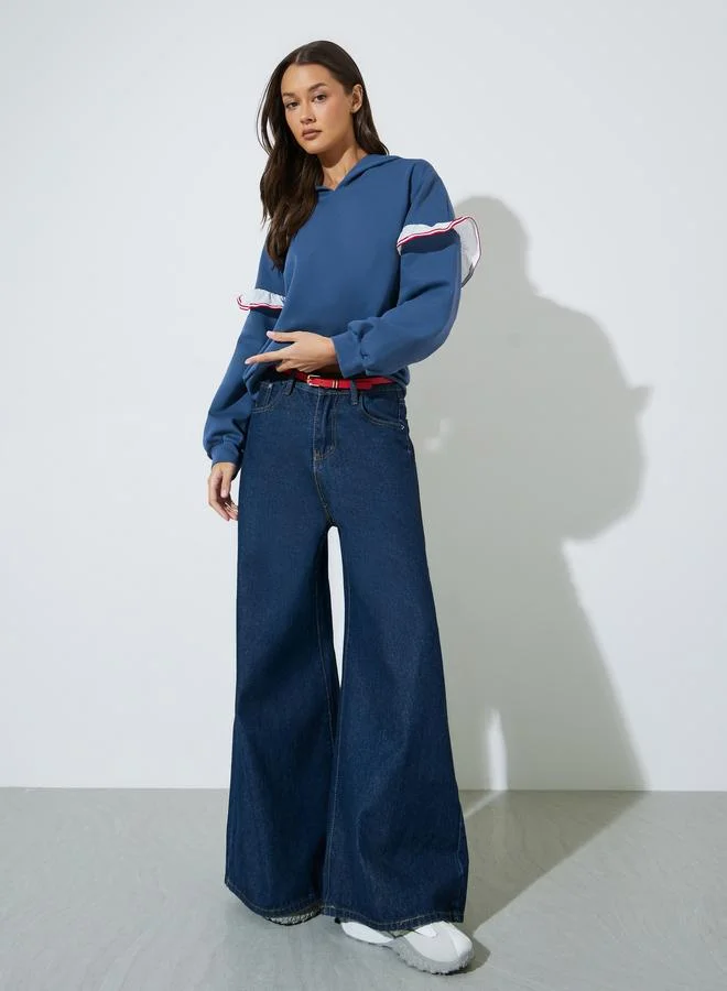Styli Blue Solid Ruffled Sleeves Hooded Sweatshirt