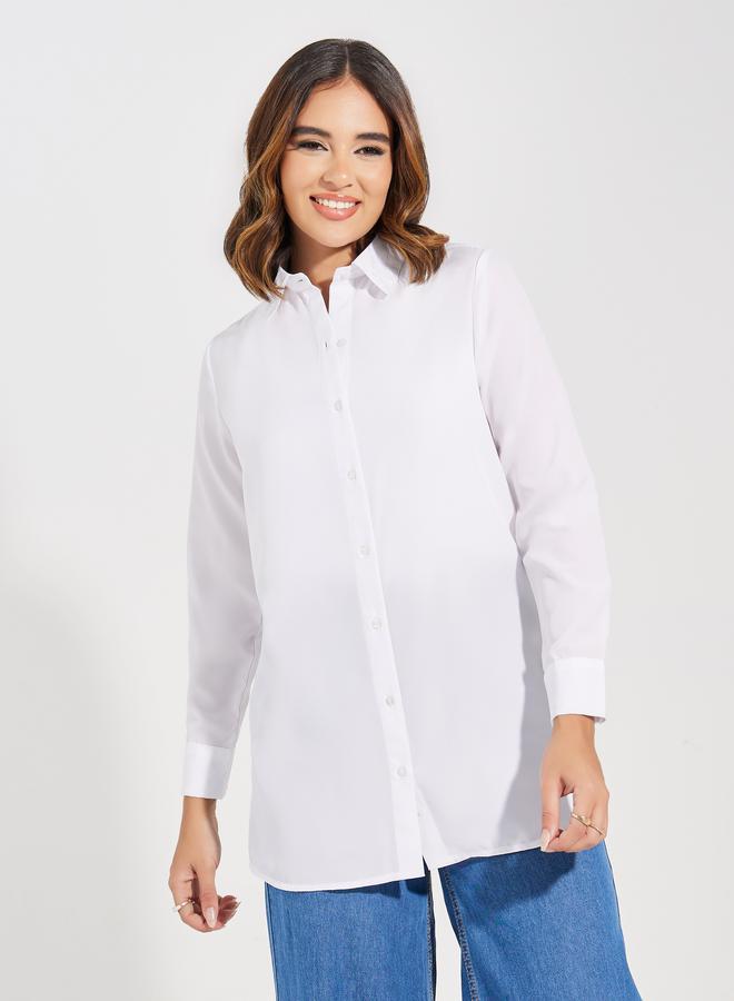 Styli Solid Woven Longline Shirt with Button Placket - Image 3