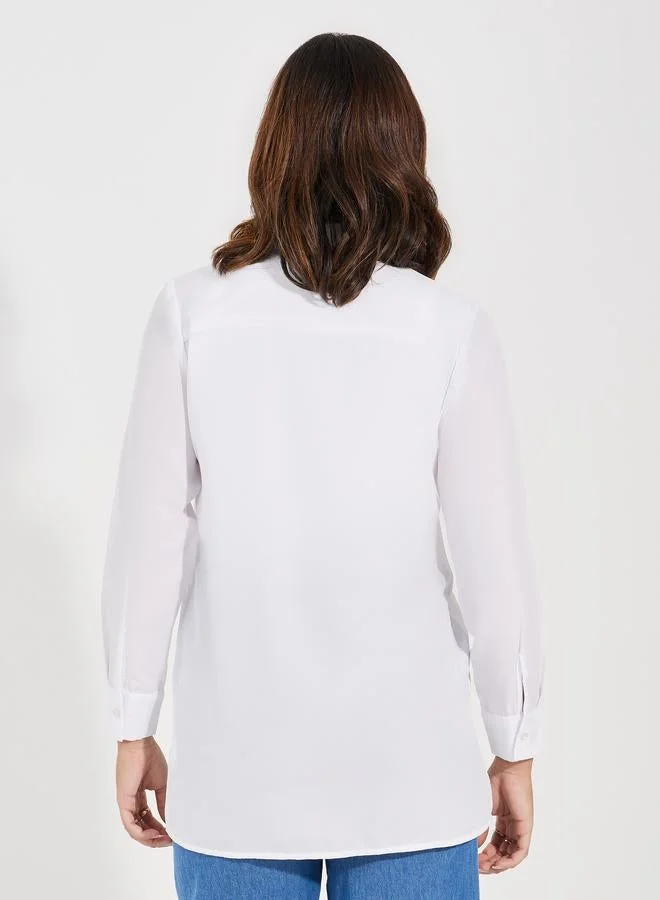 Styli Solid Woven Longline Shirt with Button Placket