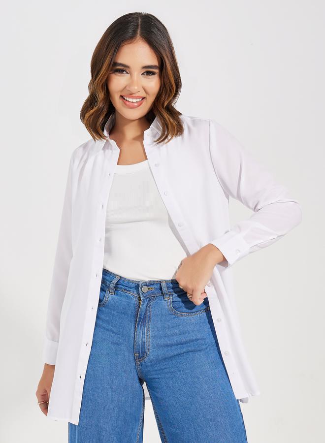 Styli Solid Woven Longline Shirt with Button Placket - Image 1