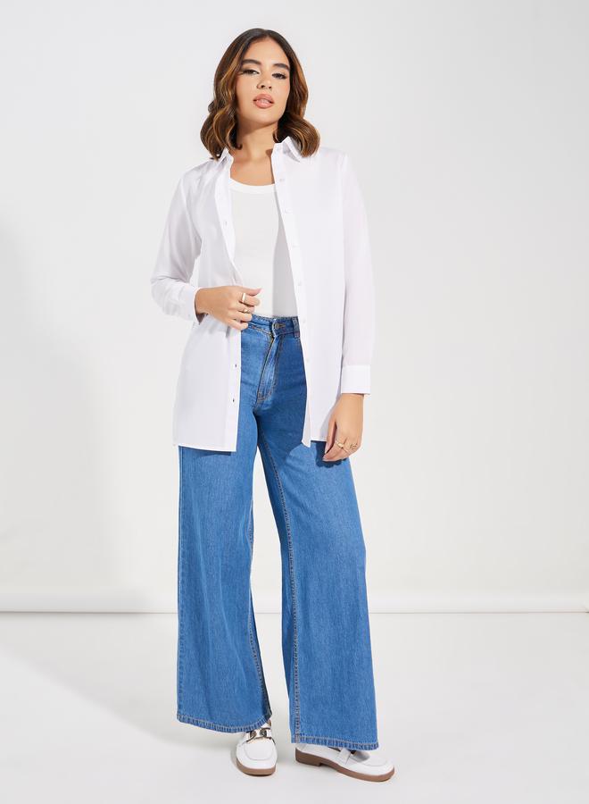 Styli Solid Woven Longline Shirt with Button Placket - Image 2