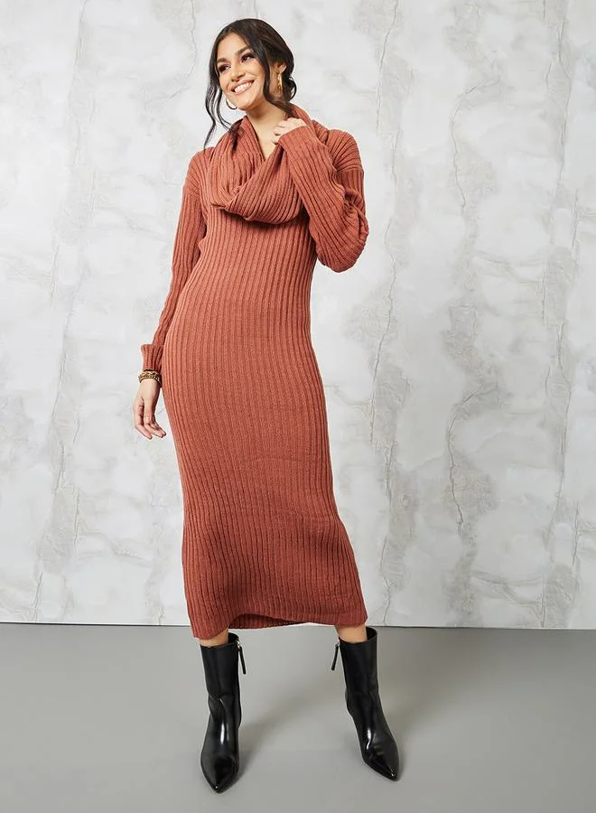 ستايلي Ribbed Knit Sweater Midi Dress with Removable Shawl