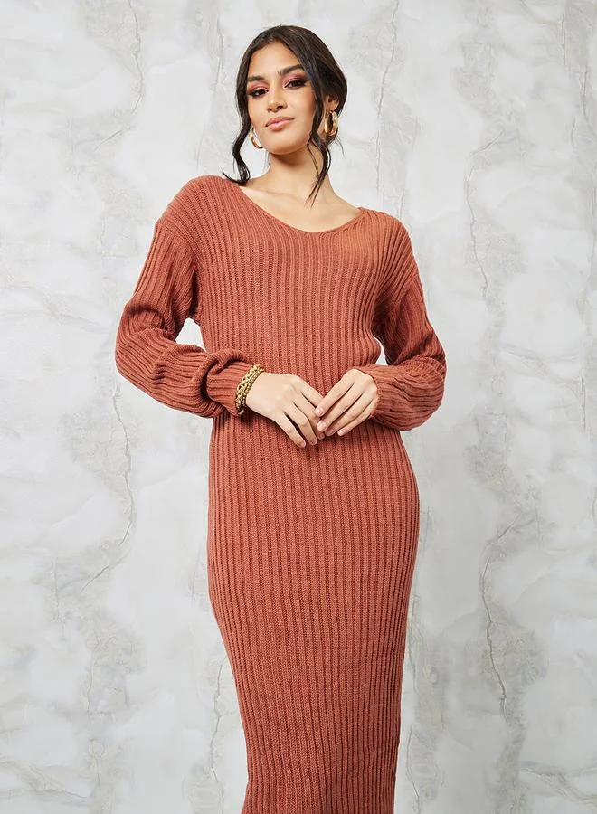 ستايلي Ribbed Knit Sweater Midi Dress with Removable Shawl