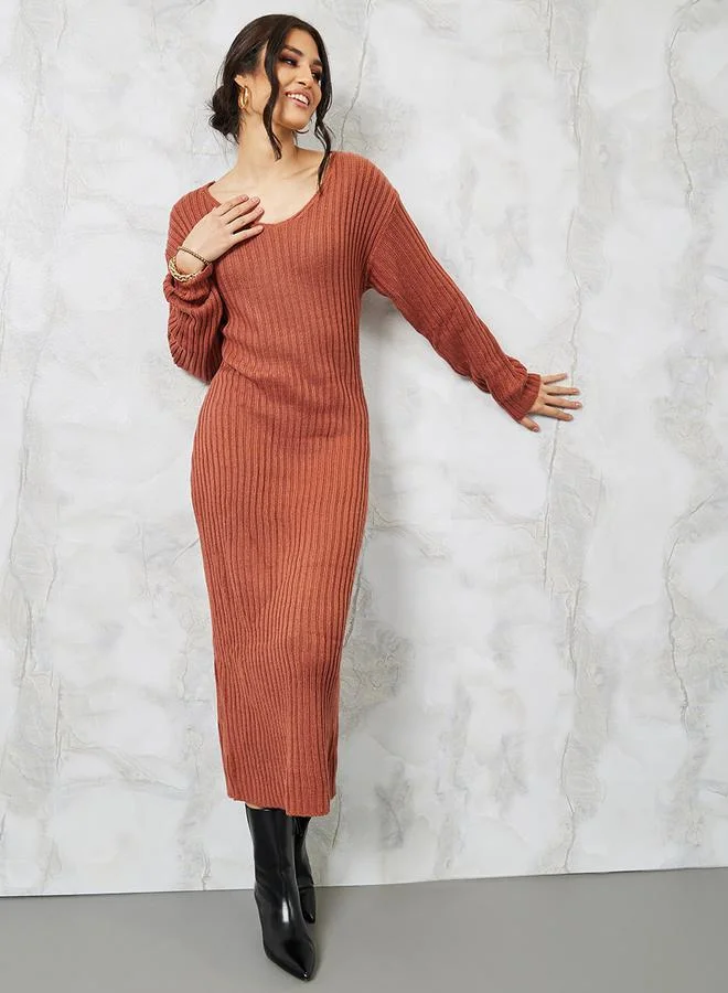 ستايلي Ribbed Knit Sweater Midi Dress with Removable Shawl