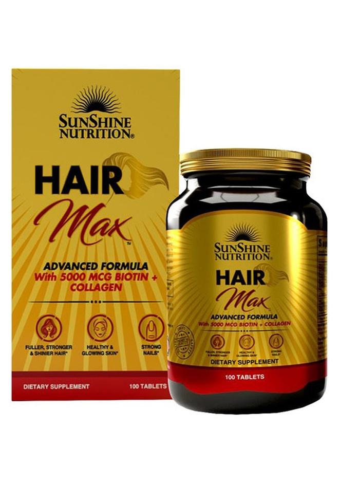 سنشاين نيوترشن تركيبة هير ماكس المتقدمة، مكمل غذائي مملوء بـ 5000 ميكروجرام من البيوتين والكولاجين للشعر والبشرة والأظافر، 100 قرص - Image 1