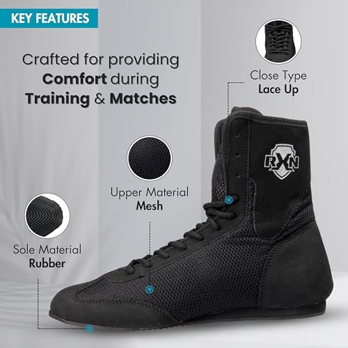 RXN Boxing Shoes for Men and Women Lace Up Non Slip Rubber Sole Lightweight Mid High Top | BX-17 High Top Boxing Boots for Men & Women (Black, Size_3) - Image 3