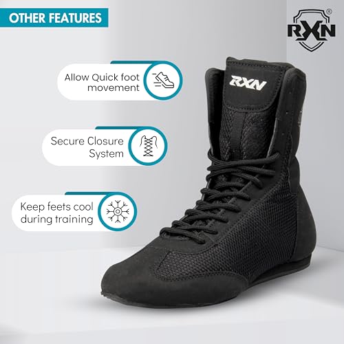 RXN Boxing Shoes for Men and Women Lace Up Non Slip Rubber Sole Lightweight Mid High Top | BX-17 High Top Boxing Boots for Men & Women (Black, Size_3) - Image 5