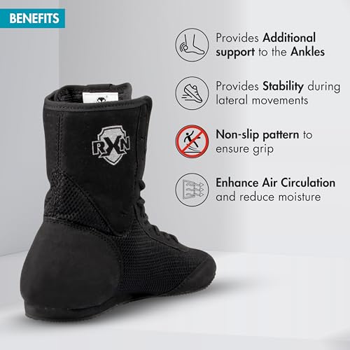 RXN Boxing Shoes for Men and Women Lace Up Non Slip Rubber Sole Lightweight Mid High Top | BX-17 High Top Boxing Boots for Men & Women (Black, Size_3) - Image 4