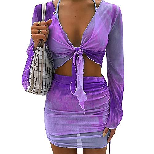SHESEEWORLD Women's Sexy Long Sleeve 2 Piece Sheer Mesh Cover Up Dress Crop Top Bodycon Ruched Mini Skirt Sets - Image 2