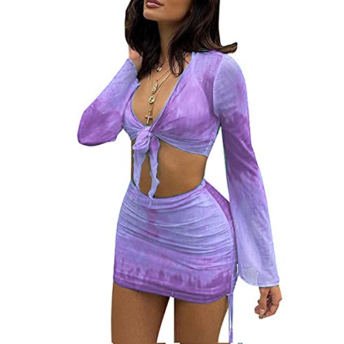 SHESEEWORLD Women's Sexy Long Sleeve 2 Piece Sheer Mesh Cover Up Dress Crop Top Bodycon Ruched Mini Skirt Sets - Image 1
