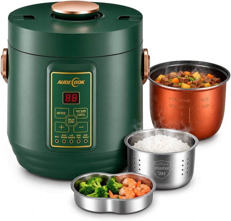 Audecook طباخ أرز أوديكوك صغير بسعة كوبين غير مطبوخين، وعاء غير لاصق خالٍ من PFAS، مؤقت تأخير 24 ساعة وحفظ الحرارة، 5 وظائف طهي مع وعاء داخلي من الفولاذ المقاوم للصدأ، طبق تبخير والمزيد - Image 1