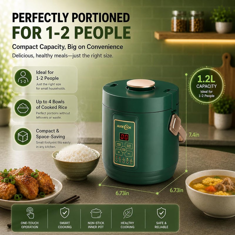 Audecook طباخ أرز أوديكوك صغير بسعة كوبين غير مطبوخين، وعاء غير لاصق خالٍ من PFAS، مؤقت تأخير 24 ساعة وحفظ الحرارة، 5 وظائف طهي مع وعاء داخلي من الفولاذ المقاوم للصدأ، طبق تبخير والمزيد - Image 4